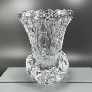 Vintage Bohemian Czech Clear Glass Crystal Sawtooth Edge Toothpick Holder Vase